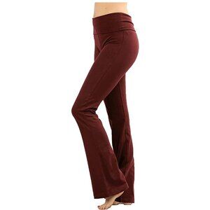 Fold Over Waist Cotton Stretch Flare Leg Boot Cut Yoga Pants Leggings-Dark Rust